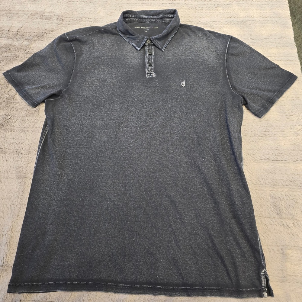 John Varvatos USA Mens XL Polo Shirt Washed Black Cotton Peace‎ Logo K1381S1B